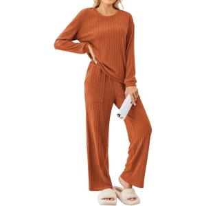 imageEkouaer Lounge Sets for Women Ribbed Knit Pajama Sets 2 Piece Long Sleeve Pjs Soft Loungewear Outfits with PocketsCaramel