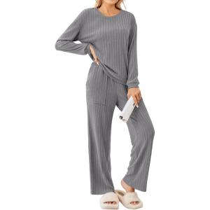imageEkouaer Lounge Sets for Women Ribbed Knit Pajama Sets 2 Piece Long Sleeve Pjs Soft Loungewear Outfits with PocketsDark Grey