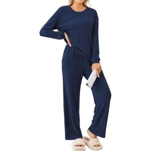 imageEkouaer Lounge Sets for Women Ribbed Knit Pajama Sets 2 Piece Long Sleeve Pjs Soft Loungewear Outfits with PocketsNavy Blue