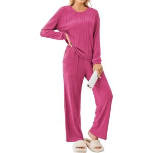 imageEkouaer Lounge Sets for Women Ribbed Knit Pajama Sets 2 Piece Long Sleeve Pjs Soft Loungewear Outfits with PocketsRose Red