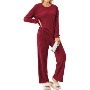 imageEkouaer Lounge Sets for Women Ribbed Knit Pajama Sets 2 Piece Long Sleeve Pjs Soft Loungewear Outfits with PocketsWine Red