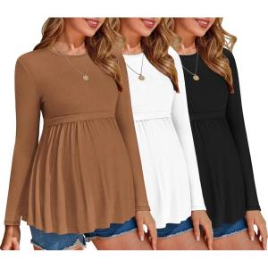 imageEkouaer Maternity Shirts 3 Packs Pleated Long Sleeve Tops Tunic Casual Pregnancy ClothesBlackBrownWhite