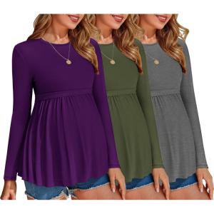 imageEkouaer Maternity Shirts 3 Packs Pleated Long Sleeve Tops Tunic Casual Pregnancy ClothesGreenGreyPurple