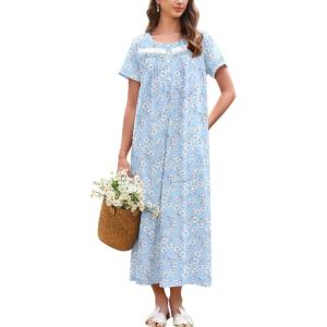 imageEkouaer Nightgown for Women Cotton Long Night Gown Short Sleeve Nightdress with Pockets Button Sleepshirt Soft SleepwearBlue White Florals