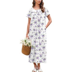 imageEkouaer Nightgown for Women Cotton Long Night Gown Short Sleeve Nightdress with Pockets Button Sleepshirt Soft SleepwearWhite Purple Florals