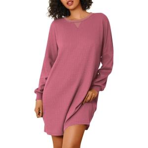 imageEkouaer Nightgowns for Women Long Sleeve Sleep Shirts Waffle Knit Nightshirts Soft Sleep Dress Oversized SleepwearCherry Red