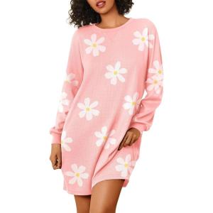 imageEkouaer Nightgowns for Women Long Sleeve Sleep Shirts Waffle Knit Nightshirts Soft Sleep Dress Oversized SleepwearFloral Pink