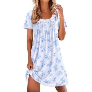 imageEkouaer Nightgowns for Women Pleated Sleep Shirts Short Sleeve Night Shirts Lace Trim Night Gown Ladies Sleep DressFloral Light Blue
