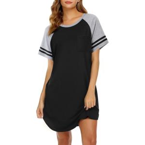 imageEkouaer Nightgowns for Women Short Sleeve Sleepshirts Crew Neck Nightshirts Color Block Pajamas Dress Soft SleepwearBlack
