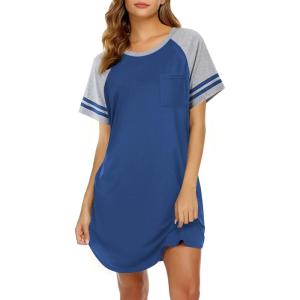 imageEkouaer Nightgowns for Women Short Sleeve Sleepshirts Crew Neck Nightshirts Color Block Pajamas Dress Soft SleepwearBlue