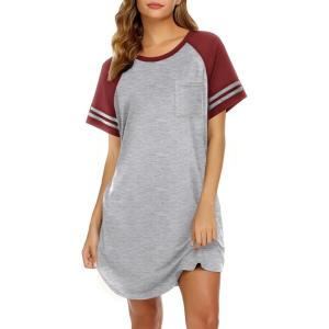 imageEkouaer Nightgowns for Women Short Sleeve Sleepshirts Crew Neck Nightshirts Color Block Pajamas Dress Soft SleepwearLight Grey