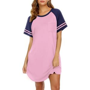 imageEkouaer Nightgowns for Women Short Sleeve Sleepshirts Crew Neck Nightshirts Color Block Pajamas Dress Soft SleepwearLight Pink