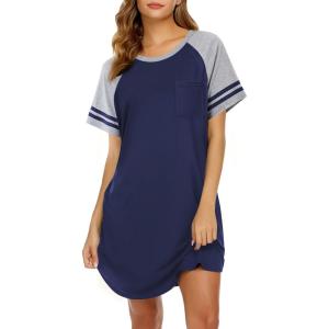 imageEkouaer Nightgowns for Women Short Sleeve Sleepshirts Crew Neck Nightshirts Color Block Pajamas Dress Soft SleepwearNavy Blue