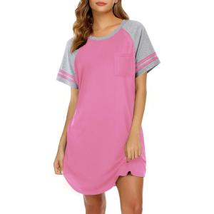 imageEkouaer Nightgowns for Women Short Sleeve Sleepshirts Crew Neck Nightshirts Color Block Pajamas Dress Soft SleepwearPeach Pink