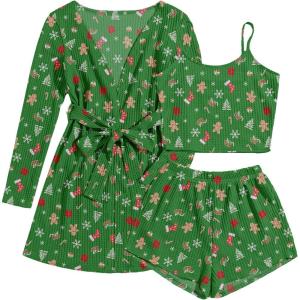 imageEkouaer Pajamas for Women Set 3 Piece Lounge Set Soft Pajama Sets Waffle Knit Tank Top and Shorts Cardigan with Pockets SXXLGreen Christmas Pattern