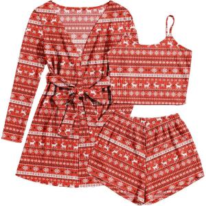 imageEkouaer Pajamas for Women Set 3 Piece Lounge Set Soft Pajama Sets Waffle Knit Tank Top and Shorts Cardigan with Pockets SXXLRed Christmas Pattern