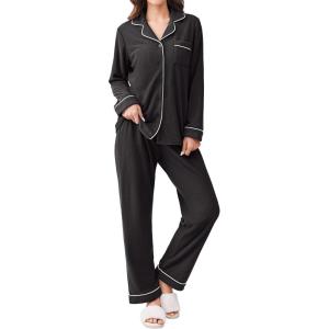 imageEkouaer Womens Fleece Pajama Sets Long Sleeve Button Down Twopiece Sleepwear Soft Lounge SetBlack