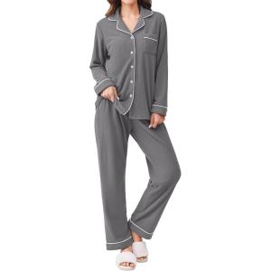 imageEkouaer Womens Fleece Pajama Sets Long Sleeve Button Down Twopiece Sleepwear Soft Lounge SetDeep Grey