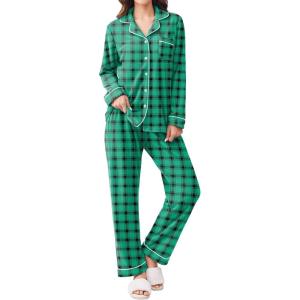 imageEkouaer Womens Fleece Pajama Sets Long Sleeve Button Down Twopiece Sleepwear Soft Lounge SetGreen Plaid