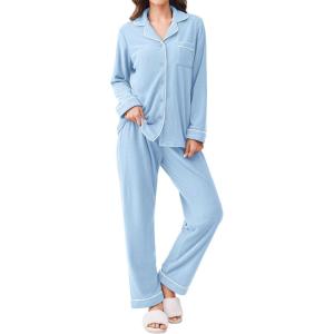 imageEkouaer Womens Fleece Pajama Sets Long Sleeve Button Down Twopiece Sleepwear Soft Lounge SetLight Blue