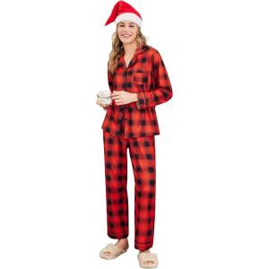 imageEkouaer Womens Fleece Pajama Sets Long Sleeve Button Down Twopiece Sleepwear Soft Lounge SetRed Plaid