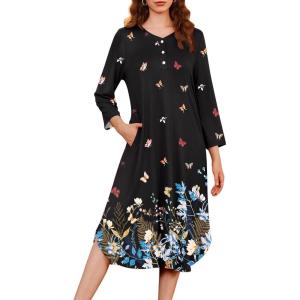 imageEkouaer Womens Long Nightgowns Plaid Sleepwear Soft Loose Nightshirt 34 Sleeve Plus Size Housecoat with Button ampamp PocketsBlack Butterfly