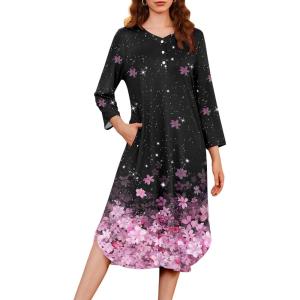 imageEkouaer Womens Long Nightgowns Plaid Sleepwear Soft Loose Nightshirt 34 Sleeve Plus Size Housecoat with Button ampamp PocketsBlack Sakura