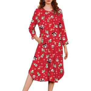 imageEkouaer Womens Long Nightgowns Plaid Sleepwear Soft Loose Nightshirt 34 Sleeve Plus Size Housecoat with Button ampamp PocketsChristmas Print