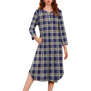 imageEkouaer Womens Long Nightgowns Plaid Sleepwear Soft Loose Nightshirt 34 Sleeve Plus Size Housecoat with Button ampamp PocketsNavy Yellow Plaid