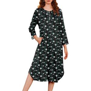 imageEkouaer Womens Long Nightgowns Plaid Sleepwear Soft Loose Nightshirt 34 Sleeve Plus Size Housecoat with Button ampamp PocketsWhite Flowers