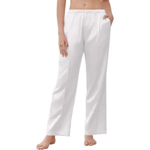 imageEkouaer Womens Silk Satin Pajama Pants Comfy Pj Pants for Women Elastic Waist Ladies Sleep Bottoms with Side PocketsWhite
