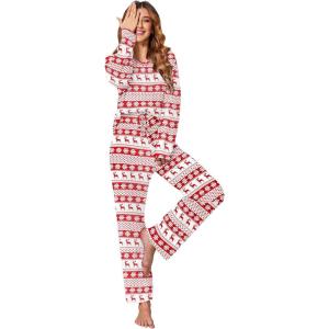imageEkouaer Womens Waffle Knit Pajama Sets Comfy Long Sleeve Lounge Sets 2 Piece Matching Pj Sets with PocketsChristmas Snowflake Deer