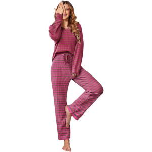 imageEkouaer Womens Waffle Knit Pajama Sets Comfy Long Sleeve Lounge Sets 2 Piece Matching Pj Sets with PocketsPink and Green Stripes