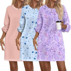 imageEkouaer 3 Pack Cotton Nightgowns for Women Long Sleeve Sleep Shirts for Women Comfy Soft SXXXLPinkMoonPurple Heart