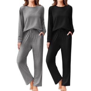 imageEkouaer 2 Pack Women Pajama Long Sleeve Sleepwear Soft Loungewear Pjs Sets with Pockets SXXLBlackGrey