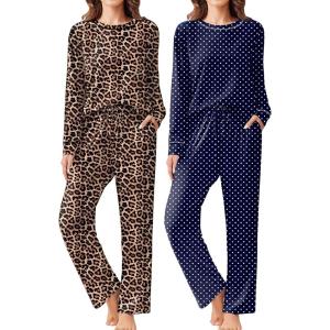 imageEkouaer 2 Pack Women Pajama Long Sleeve Sleepwear Soft Loungewear Pjs Sets with Pockets SXXLNavy Blue DotsLeopard Print