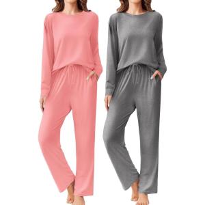 imageEkouaer 2 Pack Women Pajama Long Sleeve Sleepwear Soft Loungewear Pjs Sets with Pockets SXXLPinkGrey