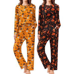 imageEkouaer 2 Pack Women Pajama Long Sleeve Sleepwear Soft Loungewear Pjs Sets with Pockets SXXLPumpkin HeadHalloween Skull Prints