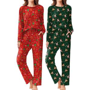 imageEkouaer 2 Pack Women Pajama Long Sleeve Sleepwear Soft Loungewear Pjs Sets with Pockets SXXLRed Gingerbread ManGreen Santa