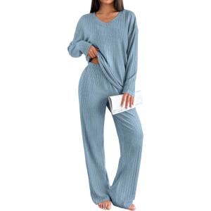 imageEkouaer Lounge Sets for Women Long Sleeve Knit Ribbed Pajama Sets 2 Piece Casual Loungewear with PocketsLight Blue