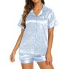 imageEkouaer Silk Pajamas for Women Short Sleeve Sleepwear Soft Button Down Loungewear 2 Piece Satin Pjs Shorts SetLeopard Light Blue