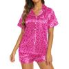 imageEkouaer Silk Pajamas for Women Short Sleeve Sleepwear Soft Button Down Loungewear 2 Piece Satin Pjs Shorts SetLeopard Rose
