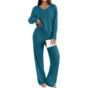 imageEkouaer Lounge Sets for Women Long Sleeve Knit Ribbed Pajama Sets 2 Piece Casual Loungewear with PocketsGreen Blue