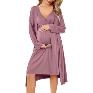 imageEkouaer Maternity Nursing Gown and Robe Set Labor Delivery Nursing Nightgowns for Breastfeeding Pregnancy ClothesGrey Red