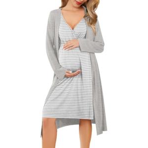 imageEkouaer Maternity Nursing Gown and Robe Set Labor Delivery Nursing Nightgowns for Breastfeeding Pregnancy ClothesLight Grey Stripe