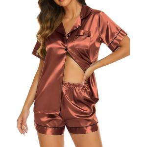 imageEkouaer Silk Pajamas for Women Short Sleeve Sleepwear Soft Button Down Loungewear 2 Piece Satin Pjs Shorts SetBrown