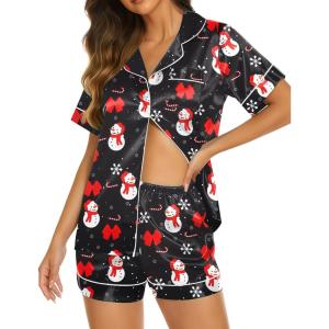 imageEkouaer Silk Pajamas for Women Short Sleeve Sleepwear Soft Button Down Loungewear 2 Piece Satin Pjs Shorts SetChristmas Black