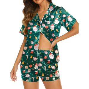 imageEkouaer Silk Pajamas for Women Short Sleeve Sleepwear Soft Button Down Loungewear 2 Piece Satin Pjs Shorts SetChristmas Green