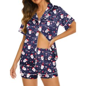 imageEkouaer Silk Pajamas for Women Short Sleeve Sleepwear Soft Button Down Loungewear 2 Piece Satin Pjs Shorts SetChristmas Navy