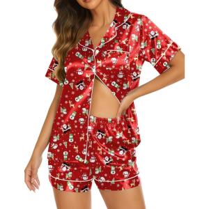 imageEkouaer Silk Pajamas for Women Short Sleeve Sleepwear Soft Button Down Loungewear 2 Piece Satin Pjs Shorts SetChristmas Red